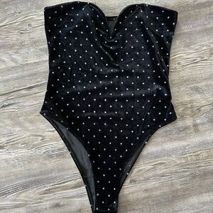 Sold Black Velvet Bodysuit with  sliver Polka Dots